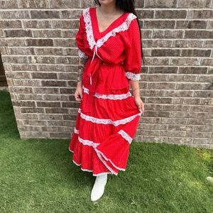 Vintage Pitchfork Brand Red Polka Dot Prairie Set – Lace Trim – L ❤️✨
